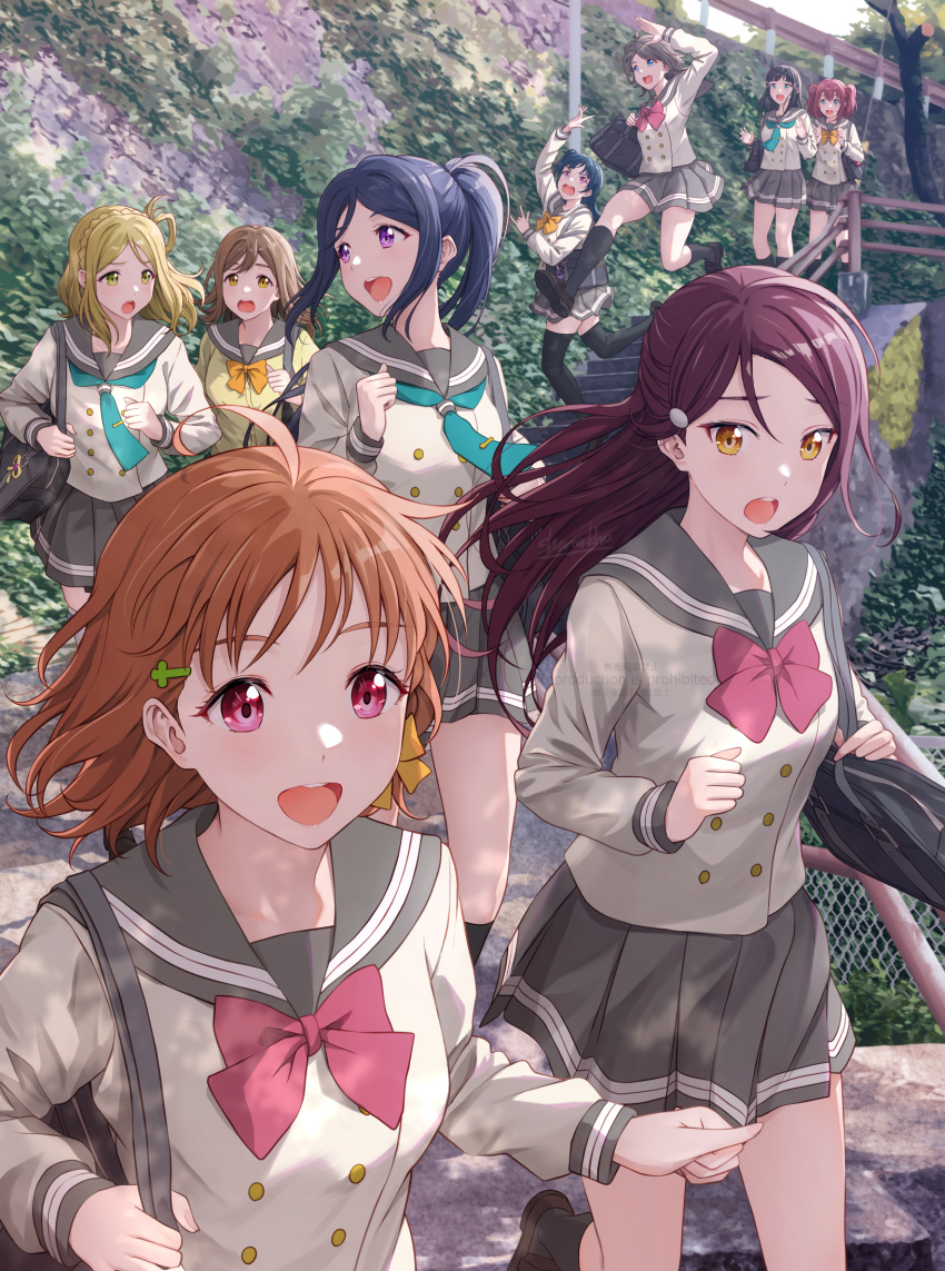 >:(, 6+girls, :d, ahoge, aqua_necktie, bag, bangs, black_bag, black_footwear, black_hair, black_socks, black_thighhighs, blonde_hair, blue_eyes, blue_hair, blurry, blurry_background, bow, bowtie, braid, branch, brown_hair, bush, buttons, carrying_bag, collarbone, comiket_101, cowboy_shot, cross_hair_ornament, day, exercise, fence, full_body, furrowed_brow, green_eyes, grey_hair, grey_sailor_collar, hair_bow, hair_bun, hair_ornament, hand_up, handbag, highres, jumping, kunikida_hanamaru, kurosawa_dia, kurosawa_ruby, leg_up, long_hair, long_sleeves, looking_away, looking_back, love_live!, love_live!_sunshine!!, matsuura_kanan, medium_hair, multiple_girls, necktie, ohara_mari, open_mouth, orange_bow, orange_hair, outdoors, pink_eyes, pleated_skirt, ponytail, purple_hair, red_bow, redhead, rock, running, sailor_collar, sakurauchi_riko, school_uniform, shamakho, shiny, shiny_hair, shirt, shoes, short_hair, sidelocks, skirt, smile, socks, solid_eyes, stairs, standing, swept_bangs, takami_chika, teeth, thigh-highs, tsushima_yoshiko, uniform, upper_teeth, v-shaped_eyebrows, violet_eyes, watanabe_you, white_skirt, white_sky, white_stripes, yellow_eyes, yellow_shirt