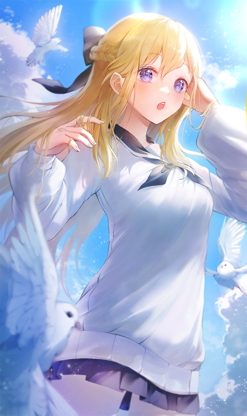 1girl, absurdres, bangs, bird, blonde_hair, blue_sky, blush, bow