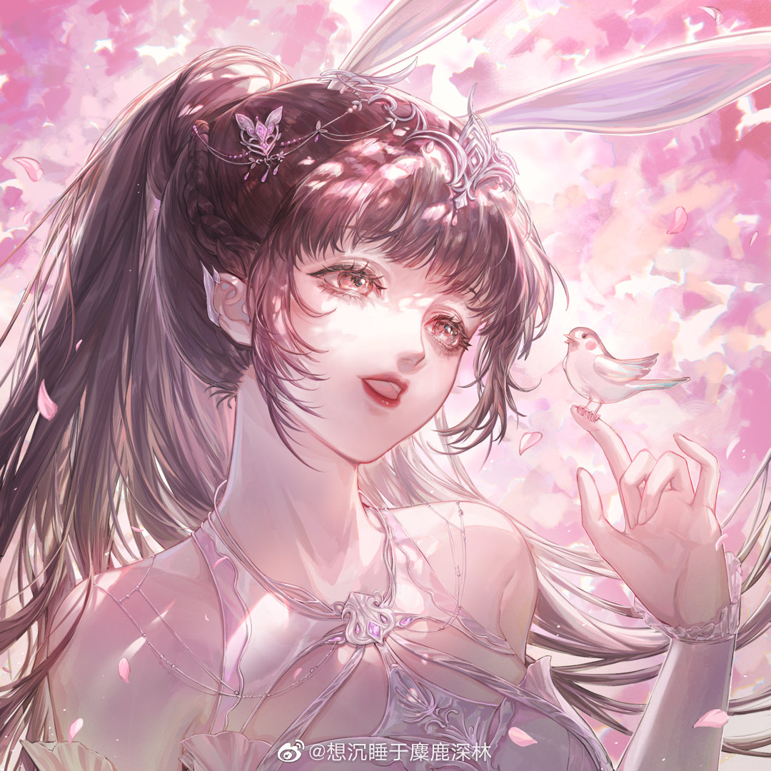 1girl, animal_ears, bird, braid, brown_hair, cherry_blossoms, collar, douluo_dalu, dress, falling_petals, head_tilt, index_finger_raised, looking_up, metal_collar, open_mouth, petals, pink_dress, pink_eyes, ponytail, rabbit_ears, solo, xiang_chenshui_yu_milu_shenlin, xiao_wu_(douluo_dalu)