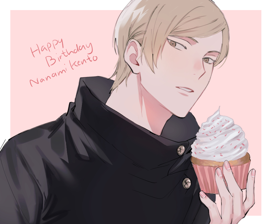 1boy, black_shirt, blonde_hair, brown_eyes, character_name, collared_shirt, cupcake, english_text