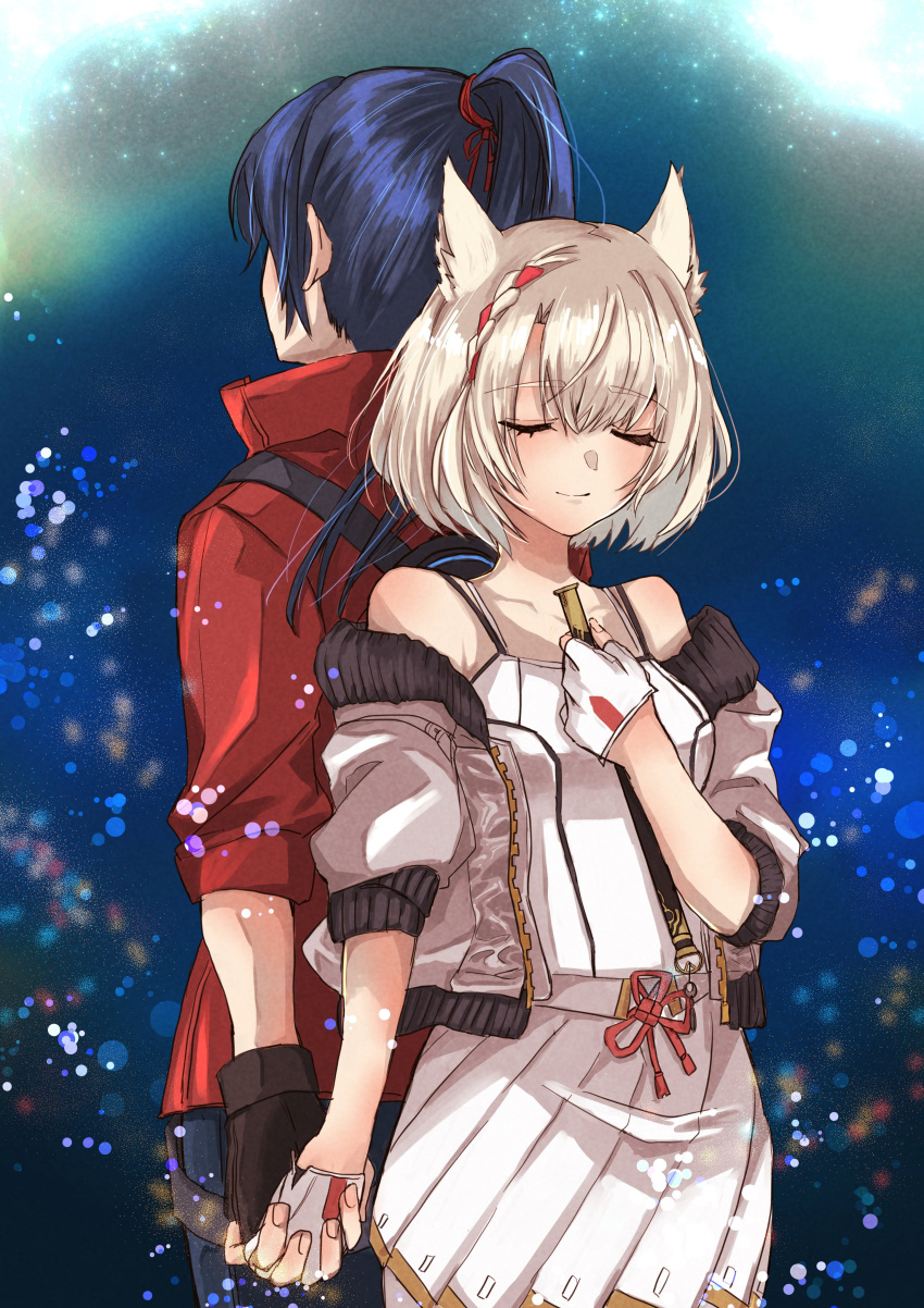 1boy, 1girl, absurdres, animal_ears, back-to-back, black_hair, camisole, cat_ears, closed_eyes, flute, grey_hair, highres, holding, holding_hands, holding_instrument, instrument, jacket, mio_(xenoblade), nanashinonanani, noah_(xenoblade), ponytail, red_jacket, skirt, smile, white_camisole, white_jacket, white_skirt, xenoblade_chronicles_(series), xenoblade_chronicles_3
