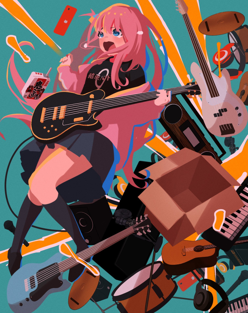 1girl, aqua_background, bangs, bass_guitar, blue_eyes, bocchi_the_rock!, box, cardboard_box, carton, cellphone, crying, crying_with_eyes_open, cube_hair_ornament, cymbals, drum, drum_set, electric_guitar, fender_precision_bass, gibson_les_paul, gotou_hitori, guitar, hair_between_eyes, hair_ornament, headphones, highres, holding, holding_instrument, holding_plectrum, instrument, jacket, kneehighs, leggings, long_hair, microphone, noranucoo, open_clothes, open_jacket, open_mouth, phone, pink_hair, plectrum, scared, screaming, shirt, shoes, skirt, smartphone, socks, speaker, t-shirt, teardrop, tears, track_jacket