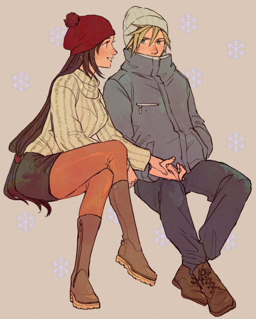 1boy, 1girl, beanie, black_hair, black_skirt, blonde_hair, blue_eyes, blush