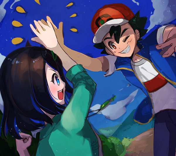 1boy, 1girl, 22nekocan, ash_ketchum, baseball_cap, black_hair, blue_eyes, blue_jacket