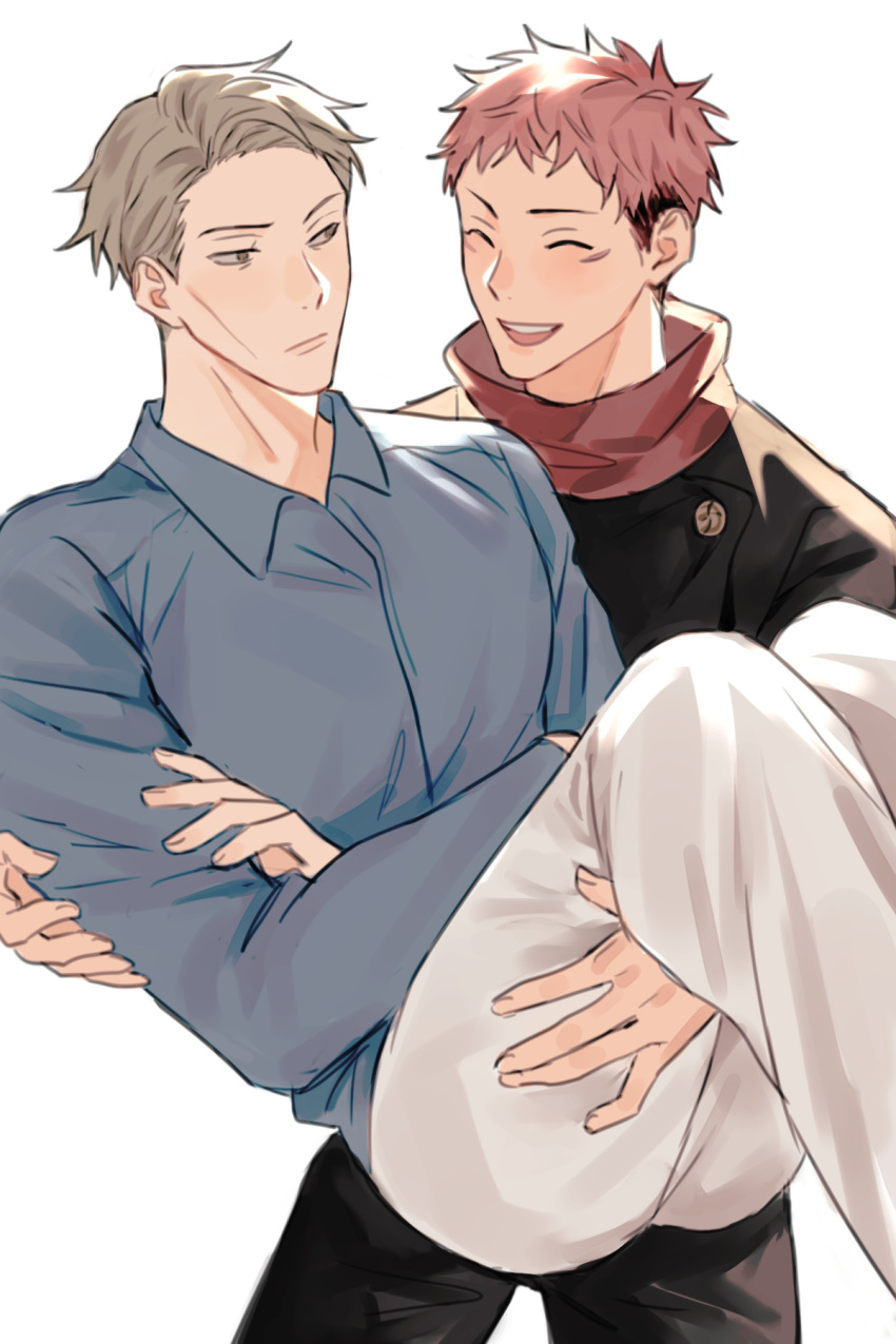 1boy, 2boys, black_pants, black_shirt, blonde_hair, blue_shirt, carrying, closed_eyes