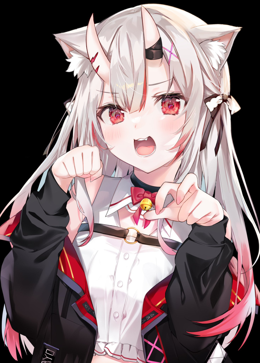 1girl, animal_ear_fluff, animal_ears, bangs, black_choker, black_jacket, blush, cat_ears