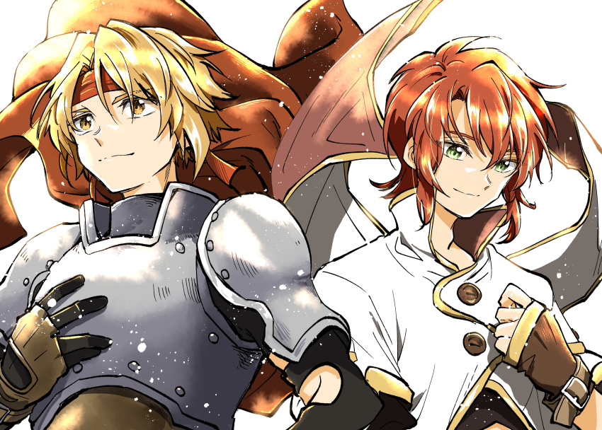 2boys, absurdres, armor, black_shirt, blonde_hair, brown_gloves, buttons, cape