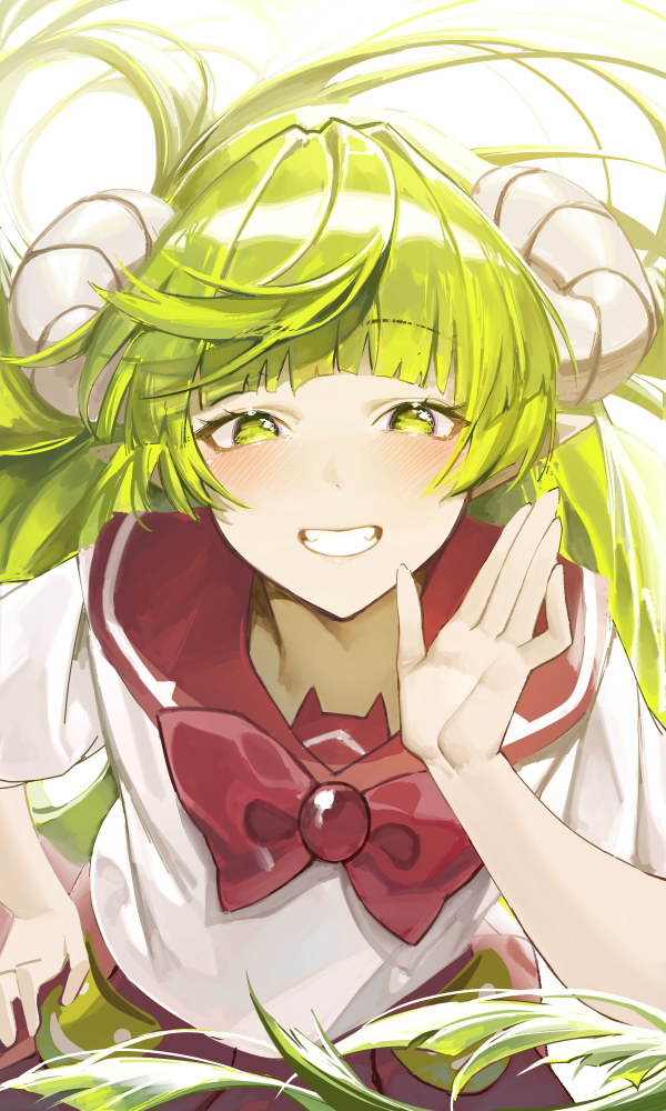 1girl, blush, demon_girl, demon_horns, fangs, g5_(artist), green_eyes, green_hair
