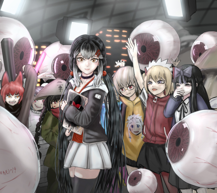 6+girls, absurdres, bandana, bangs, black_choker, black_hair, black_jacket, black_thighhighs, blonde_hair, blush, bow, character_print, choker, city, closed_mouth, collared_shirt, commentary_request, cookie_(touhou), cowboy_shot, disembodied_eye, genpatsu_(cookie), glasses, green_shirt, green_tea_(cookie), hair_bobbles, hair_bow, hair_ornament, hairclip, hat, highres, holding, hood, hoodie, izayoi_sakuya, jacket, kaenbyou_rin, ktgijgkgdusimn_(cookie), long_hair, looking_at_another, looking_at_viewer, luna_child, medium_hair, miniskirt, multiple_girls, nari-14, open_mouth, pleated_skirt, purple_bow, purple_jacket, red_bandana, red_eyes, red_shirt, red_sweater_vest, redhead, rice_hat, riran_youkyu, shiriri_saikyo, shirt, short_hair, shunga_youkyu, skirt, spotlight, star_sapphire, sunny_milk, sweater_vest, thigh-highs, touhou, very_long_hair, violet_eyes, white_shirt, white_skirt, yatadera_narumi, yellow_eyes, yellow_hoodie, yuyusu_(cookie), zettai_ryouiki, zipper