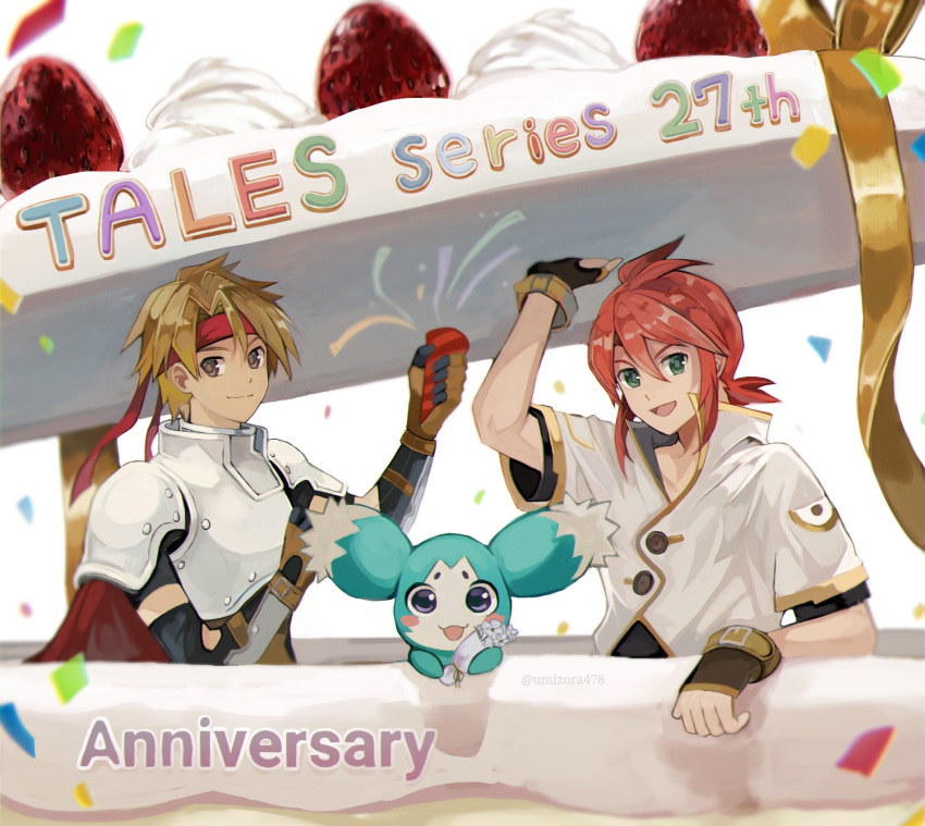 2boys, anniversary, armor, black_shirt, blonde_hair, bow, brown_gloves, buttons