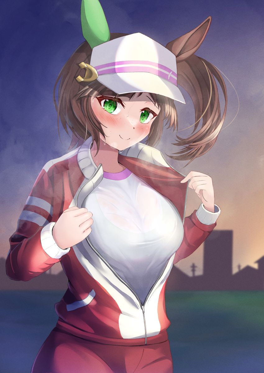 1girl, absurdres, animal_ears, blush, breasts, brown_hair, commentary_request, freckles