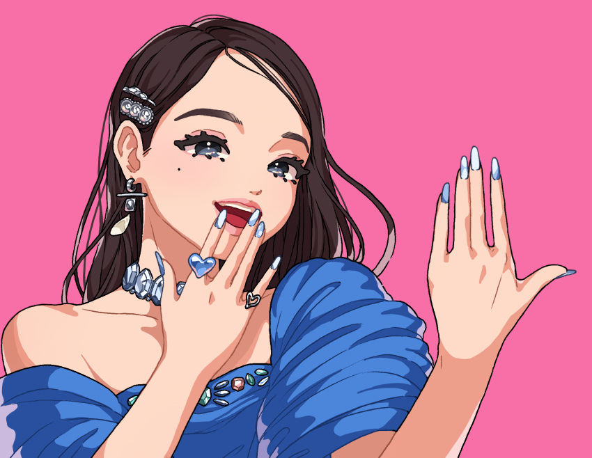 1girl, animification, black_eyes, black_hair, blue_dress, blue_nails, collarbone, dress, earrings, guriming, hair_behind_ear, heart, highres, ive_(group), jewelry, k-pop, korean_commentary, long_hair, looking_ahead, mole, mole_under_eye, multiple_rings, nail_polish, necklace, off_shoulder, pink_background, procreate_(medium), real_life, ring, smile, solo, wonyoung_(ive)