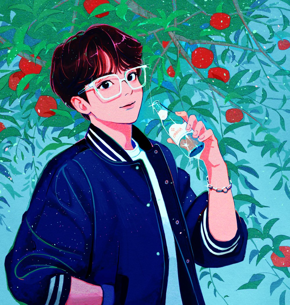 1boy, apple_tree, ateez, bishounen, blue_jacket, blue_sky, bracelet, branch, brown_hair, choi_jong-ho, commentary, day, glasses, hand_in_pocket, jacket, jewelry, k-pop, male_focus, open_clothes, open_jacket, outdoors, real_life, shirt, sky, soda_bottle, soorin, symbol-only_commentary, tree, white_shirt
