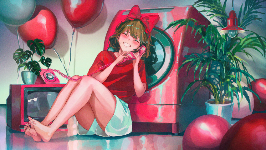 1girl, ^_^, absurdres, balloon, bangs, bare_legs, barefoot, blush