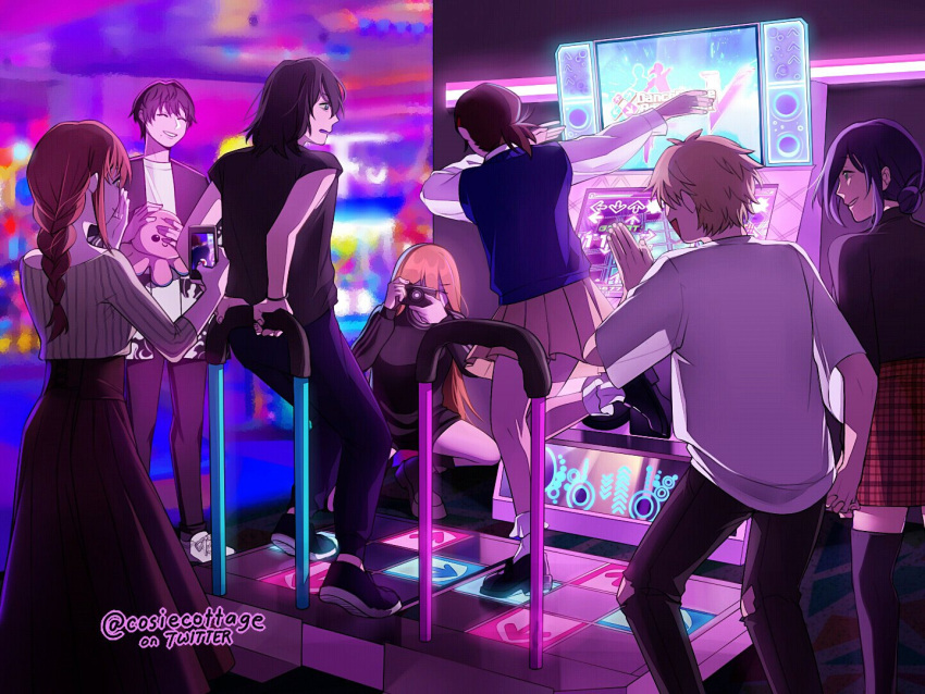 3boys, 4girls, black_hair, black_jacket, black_pants, black_shirt, black_skirt, blonde_hair