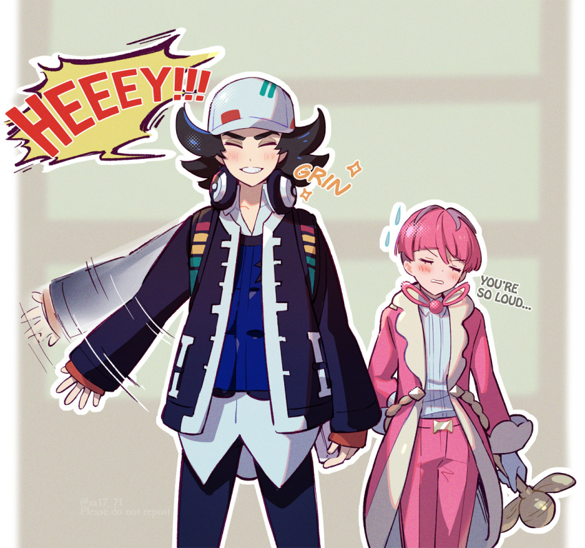 2boys, afterimage, bangs, black_hair, black_pants, blue_vest, blush, closed_eyes