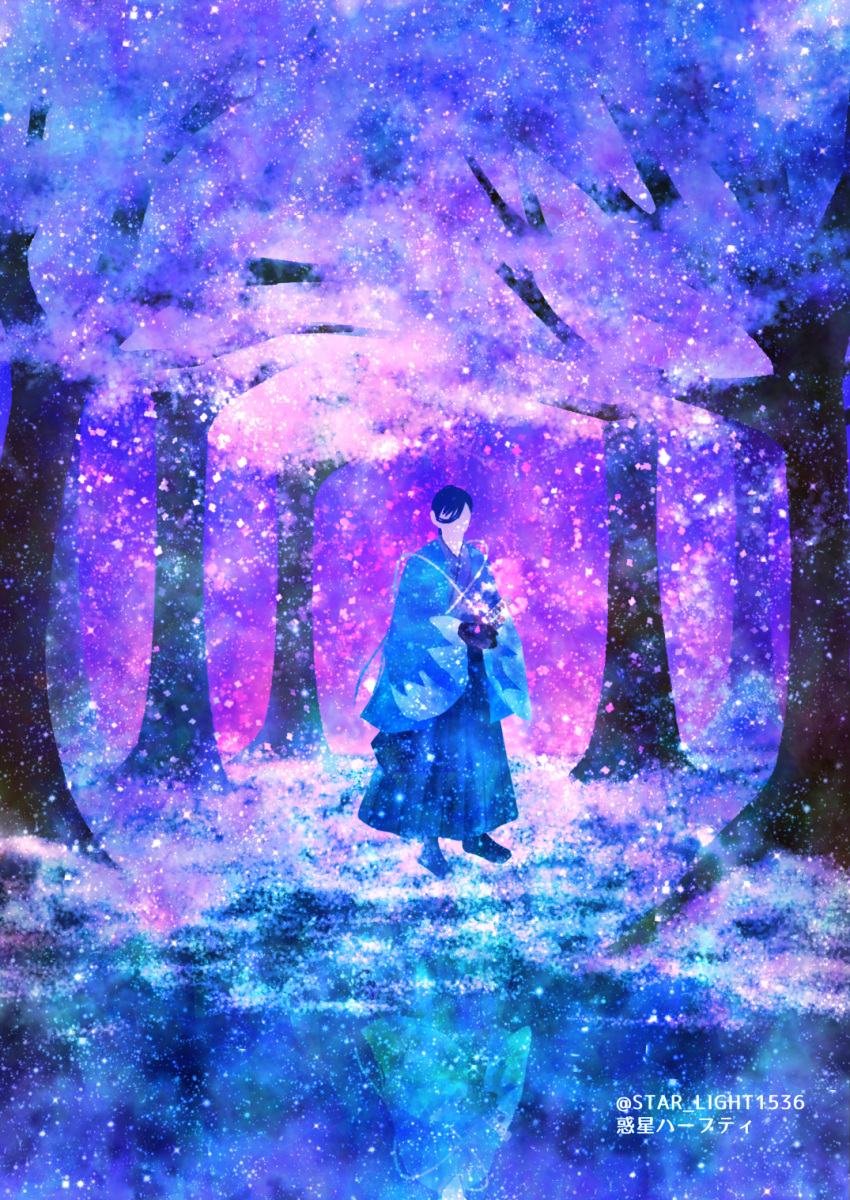 1boy, black_gloves, black_hair, black_hakama, blue_jacket, cherry_blossoms, faceless, faceless_male, falling_petals, fate/grand_order, fate_(series), full_body, gloves, hair_over_one_eye, hakama, haori, highres, holding, holding_petal, jacket, japanese_clothes, katana, kimono, male_focus, petals, reflection, sheath, sheathed, shinsengumi, short_hair, solo, sword, tree, wakusei_habuti, weapon, yamanami_keisuke_(fate)