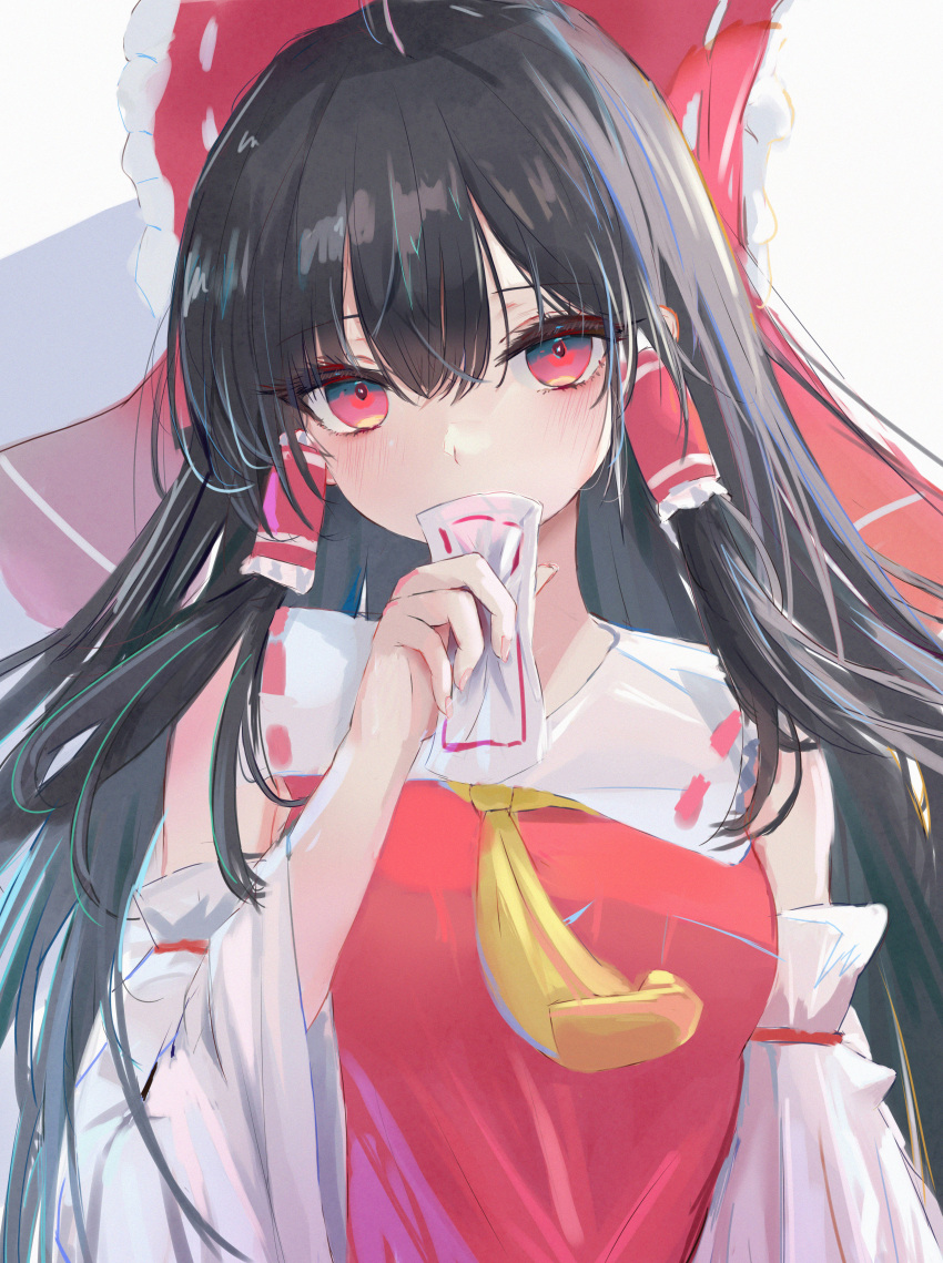 1girl, absurdres, ascot, bare_shoulders, black_hair, blush, bow, detached_sleeves