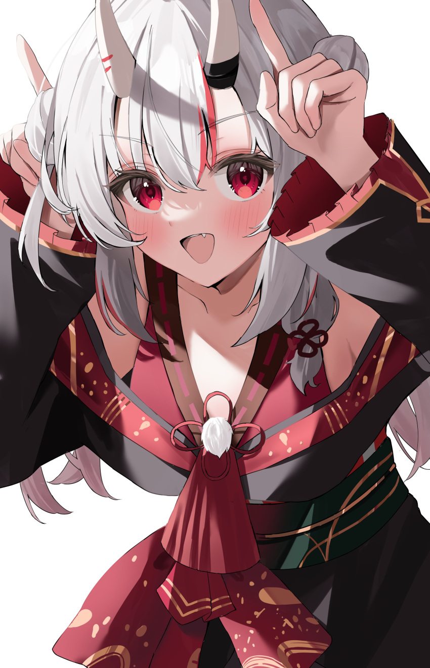 1girl, :d, absurdres, blush, commentary_request, double_bun, fang, hair_bun, hair_ribbon, highres, hololive, horns, kaede_nekoshima, long_sleeves, looking_at_viewer, multicolored_hair, nakiri_ayame, oni_horns, red_eyes, redhead, ribbon, simple_background, smile, solo, streaked_hair, tress_ribbon, upper_body, virtual_youtuber, white_background, white_hair