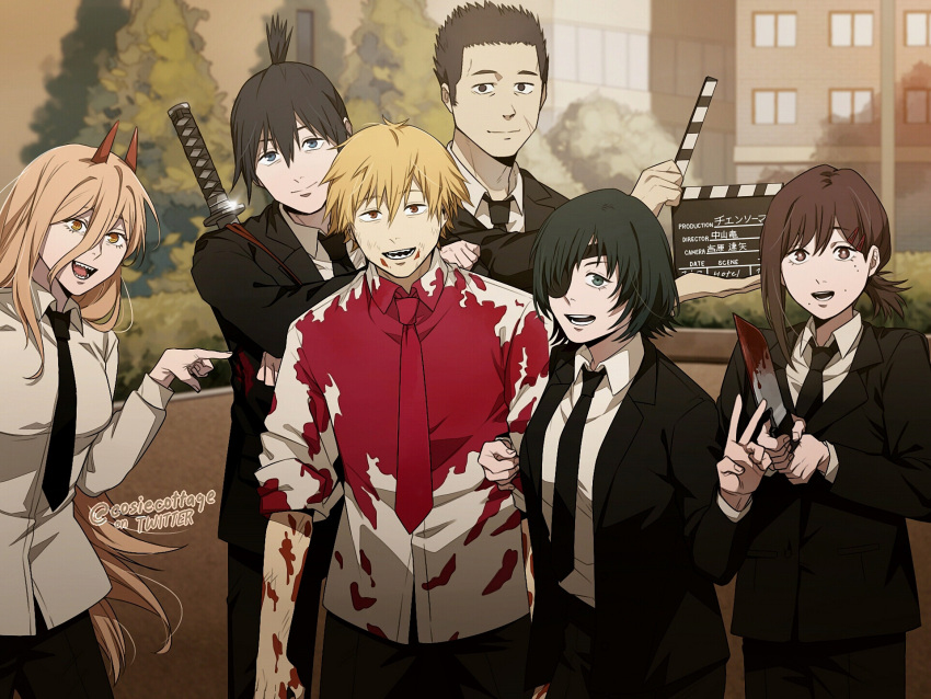 3boys, 3girls, bangs, black_hair, black_jacket, black_necktie, blonde_hair, blood, blood_on_clothes, blood_on_face, blood_on_hands, blood_on_weapon, blue_eyes, brown_hair, chainsaw_man, clapperboard, collared_shirt, cosiecottage, cross-shaped_pupils, denji_(chainsaw_man), eyepatch, formal, hayakawa_aki, higashiyama_kobeni, highres, himeno_(chainsaw_man), hirokazu_arai_(chainsaw_man), holding, holding_knife, horns, jacket, katana, knife, long_hair, looking_at_viewer, mole, mole_under_eye, mole_under_mouth, multiple_boys, multiple_girls, multiple_moles, necktie, open_mouth, outdoors, pointing, pointing_at_another, power_(chainsaw_man), red_horns, red_necktie, scar, scar_on_cheek, scar_on_face, sharp_teeth, shirt, shirt_tucked_in, short_hair, sleeves_rolled_up, sling, smile, suit, sword, symbol-shaped_pupils, teeth, topknot, twitter_username, v, weapon, weapon_on_back, white_shirt, yellow_eyes