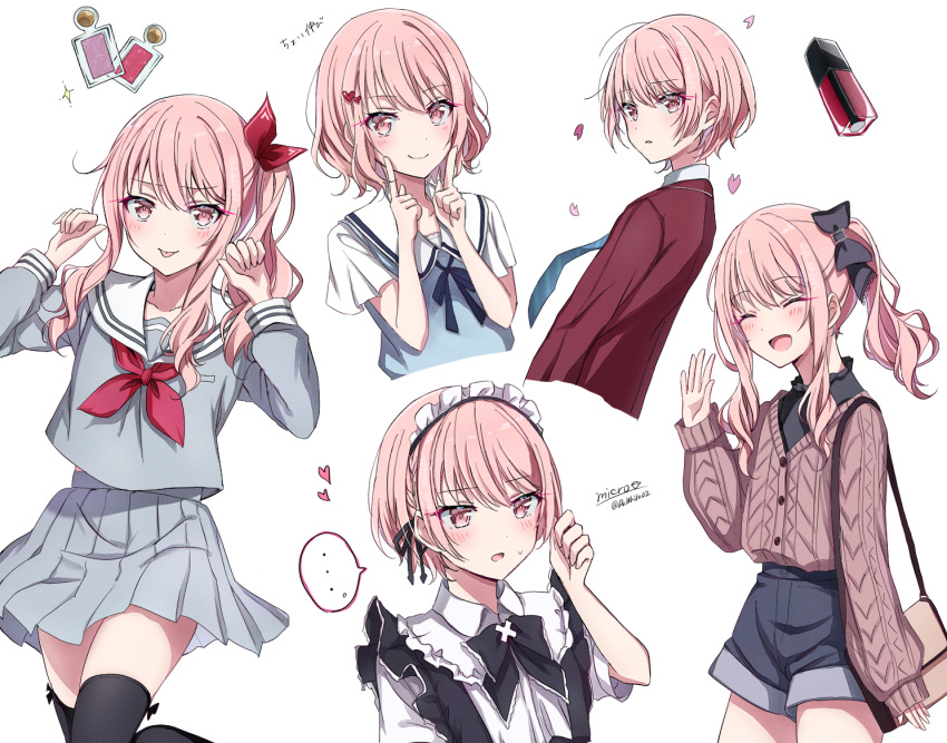1girl, :d, :p, ^_^, akiyama_mizuki, black_shirt, black_thighhighs, blue_necktie, blue_ribbon, blue_shorts, brown_bag, brown_cardigan, cable_knit, cardigan, closed_eyes, cosmetics, do_while02, formal, grey_serafuku, grey_shirt, grey_skirt, hair_ornament, heart, heart_hair_ornament, lipstick_tube, long_hair, looking_at_viewer, maid, multiple_views, neck_ribbon, neckerchief, necktie, one_side_up, open_mouth, pink_eyes, pink_hair, pleated_skirt, project_sekai, red_neckerchief, red_shirt, ribbon, sailor_collar, school_uniform, serafuku, shirt, short_hair, shorts, skirt, smile, thigh-highs, tomboy, tongue, tongue_out, white_sailor_collar