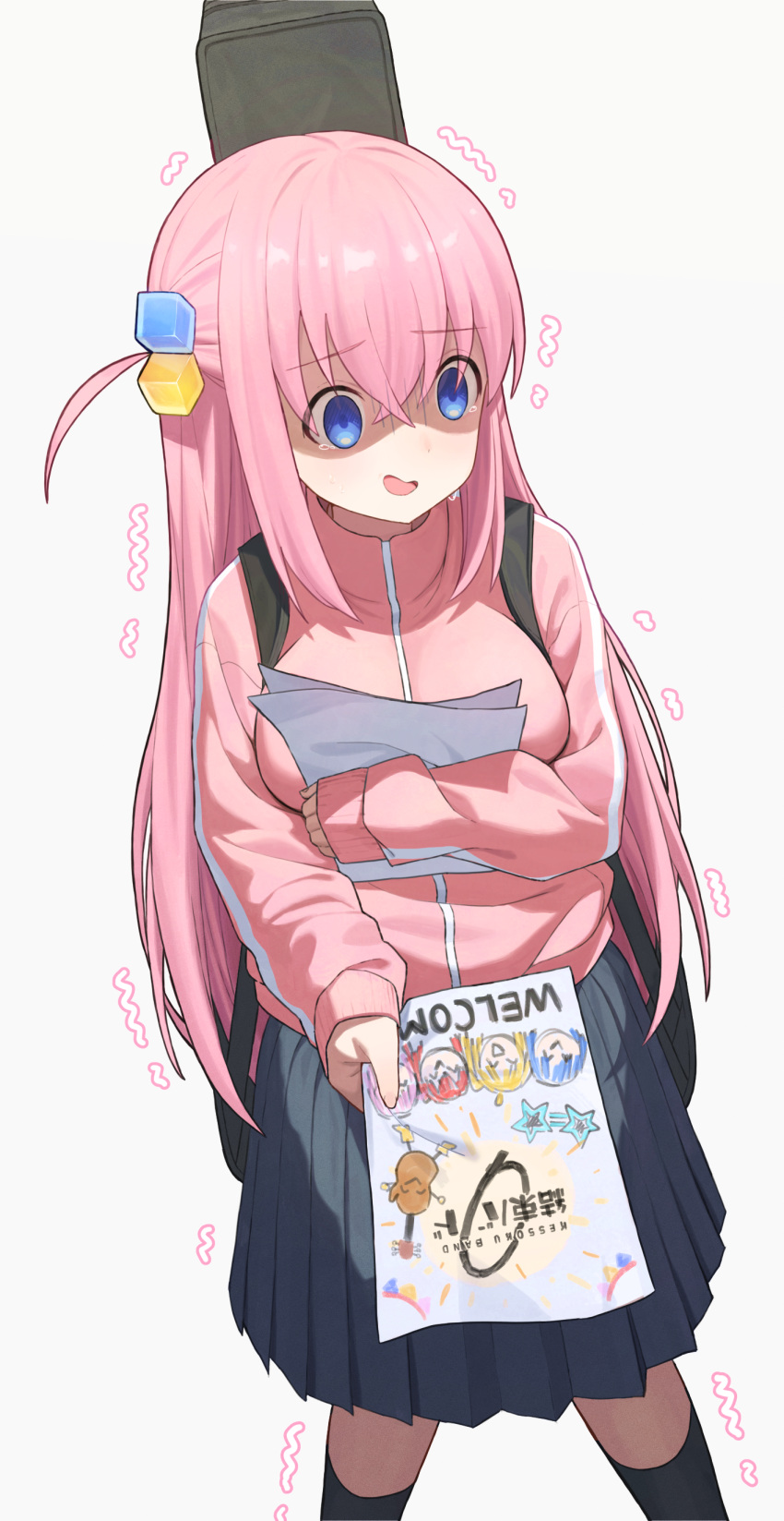 1girl, absurdres, black_skirt, black_socks, blue_eyes, bocchi_the_rock!, cro_(user_znms5733), cube_hair_ornament