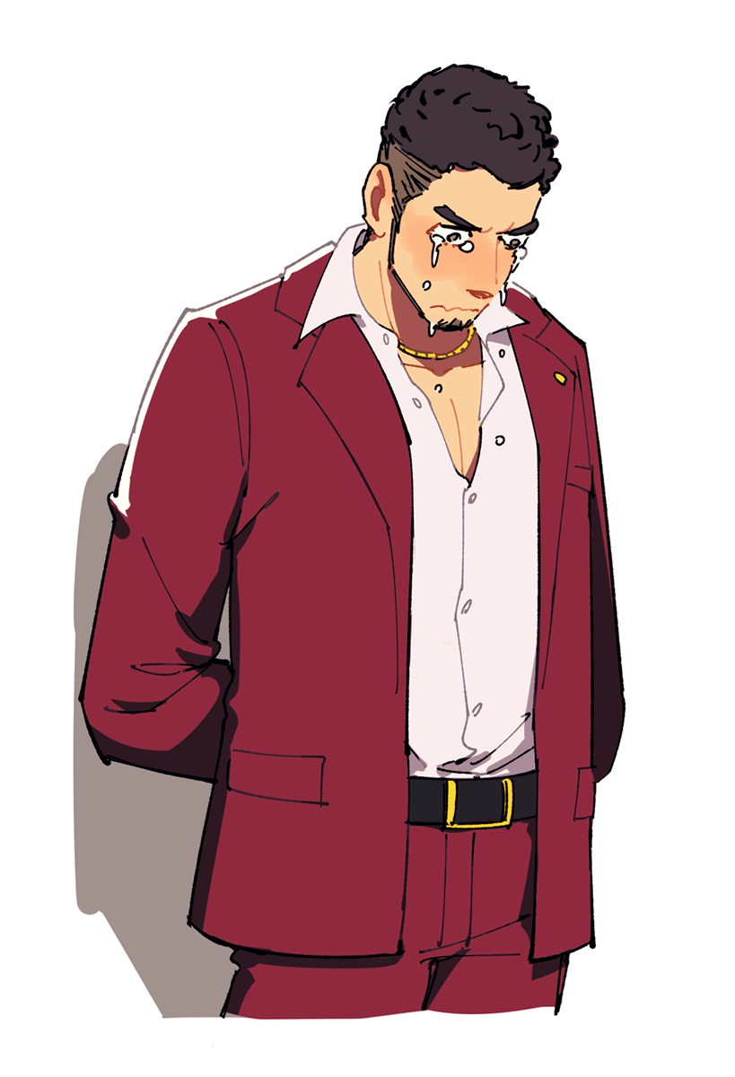 1boy, :s, arms_behind_back, beard, black_hair, blush, character_request, cho_(chorion), collared_shirt, copyright_request, cropped_legs, crying, crying_with_eyes_open, eyebrow_cut, facial_hair, formal, highres, looking_down, male_focus, mature_male, nose_blush, partially_unbuttoned, pectoral_cleavage, pectorals, red_suit, sad, shirt, short_hair, solo, suit, tears, thick_eyebrows, undercut, white_background