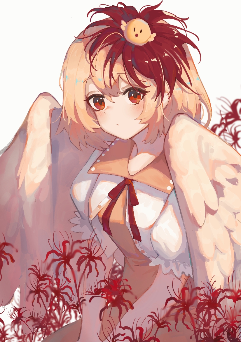 1girl, animal, animal_on_head, bird, bird_on_head, bird_wings, blonde_hair, blush