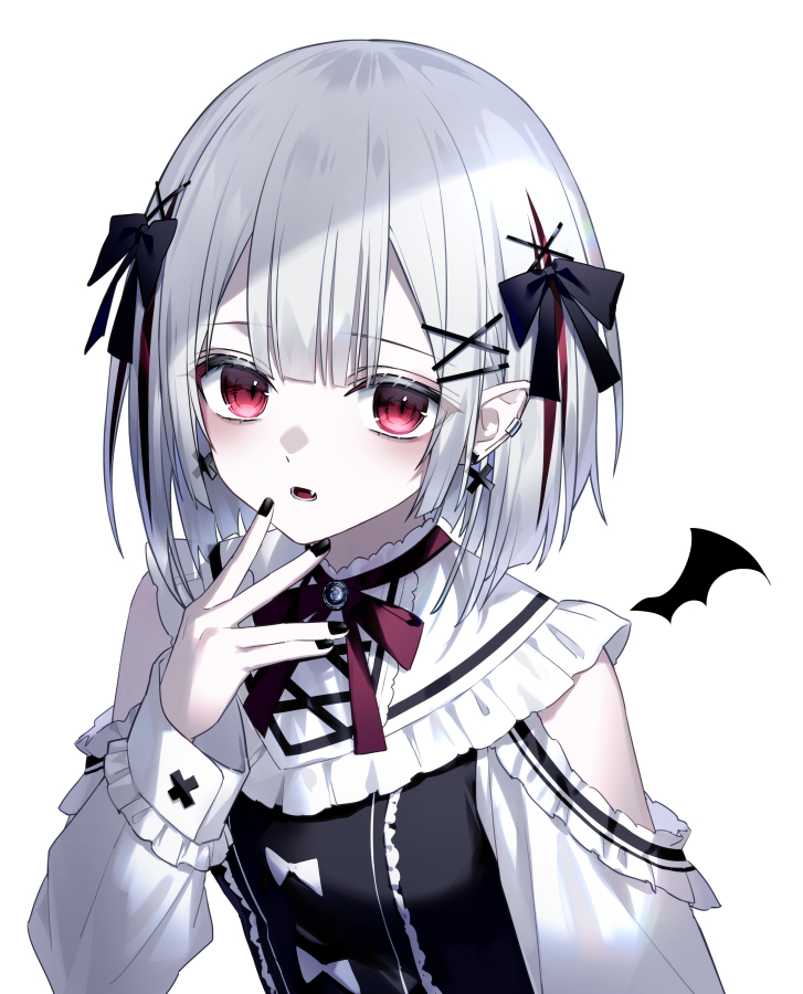 1girl, black_bow, black_nails, black_shirt, blonde_hair, blush, bow, breasts