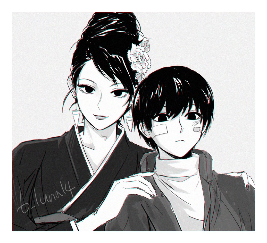 1boy, 1girl, aged_down, b_luna14, bandages, black_eyes, black_hair, flower