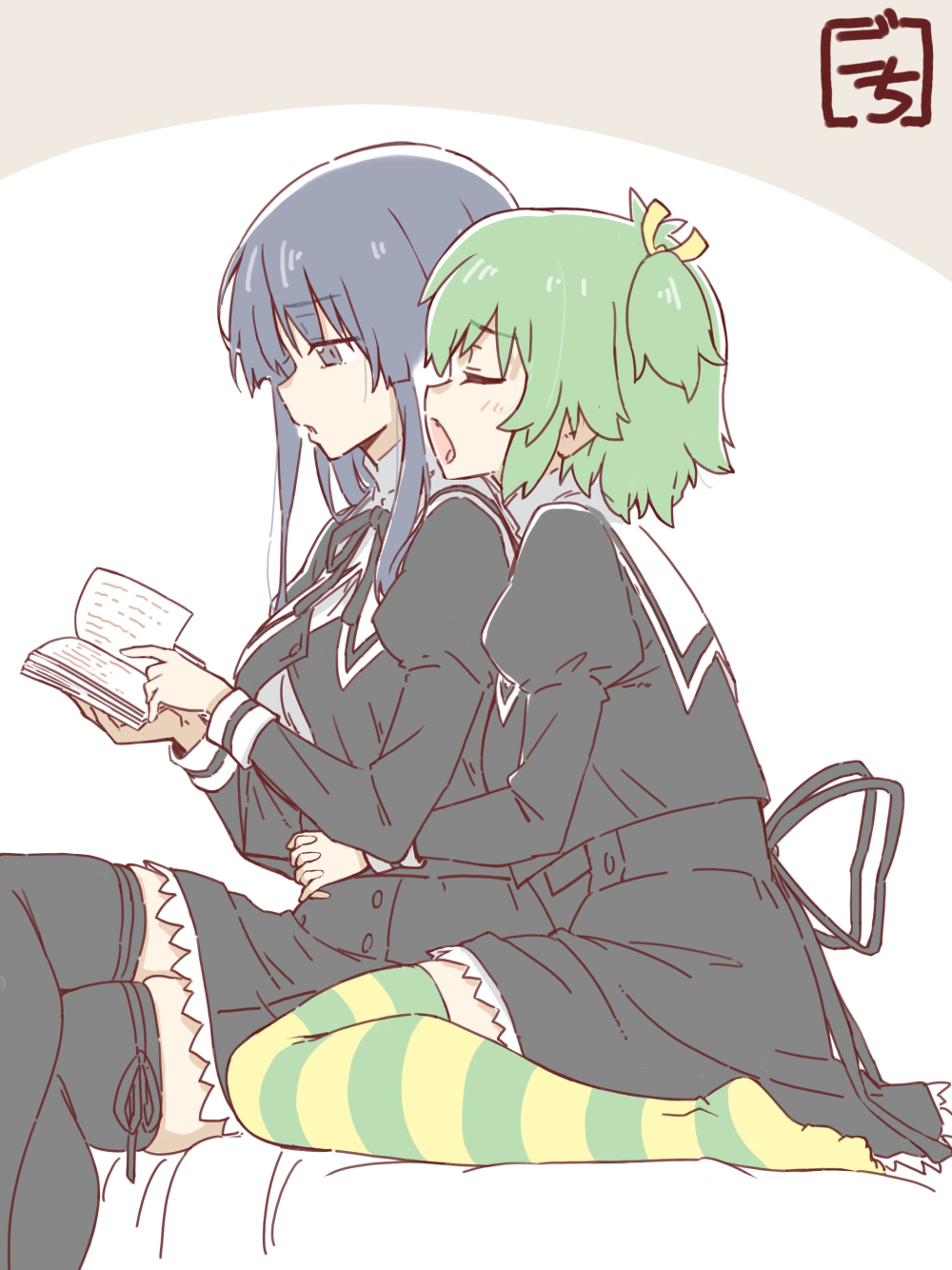 2girls, antenna_hair, artist_name, assault_lily, bangs, bed, black_hair, black_ribbon