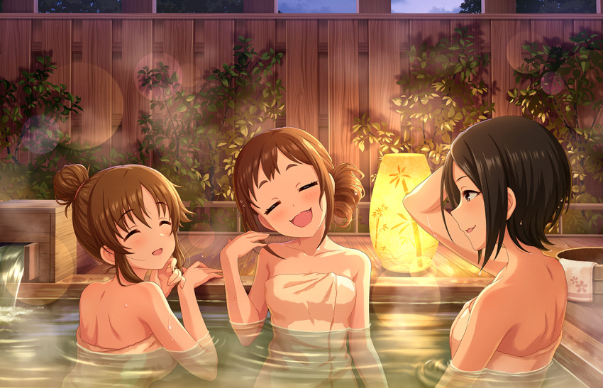 brown_hair, closed_eyes, idolmaster_cinderella_girls_starlight_stage, ohara_michiru, onsen, short_hair, smile, towel