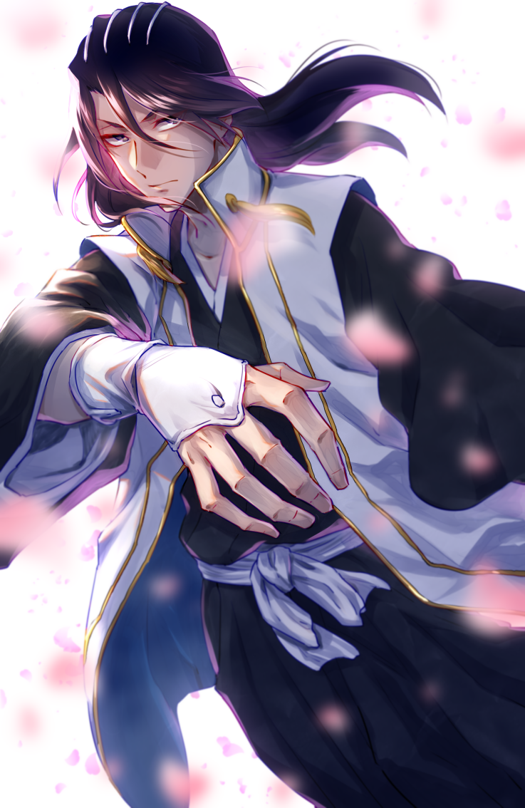 1boy, bangs, black_eyes, black_hair, black_kimono, black_sleeves, bleach, cherry_blossoms