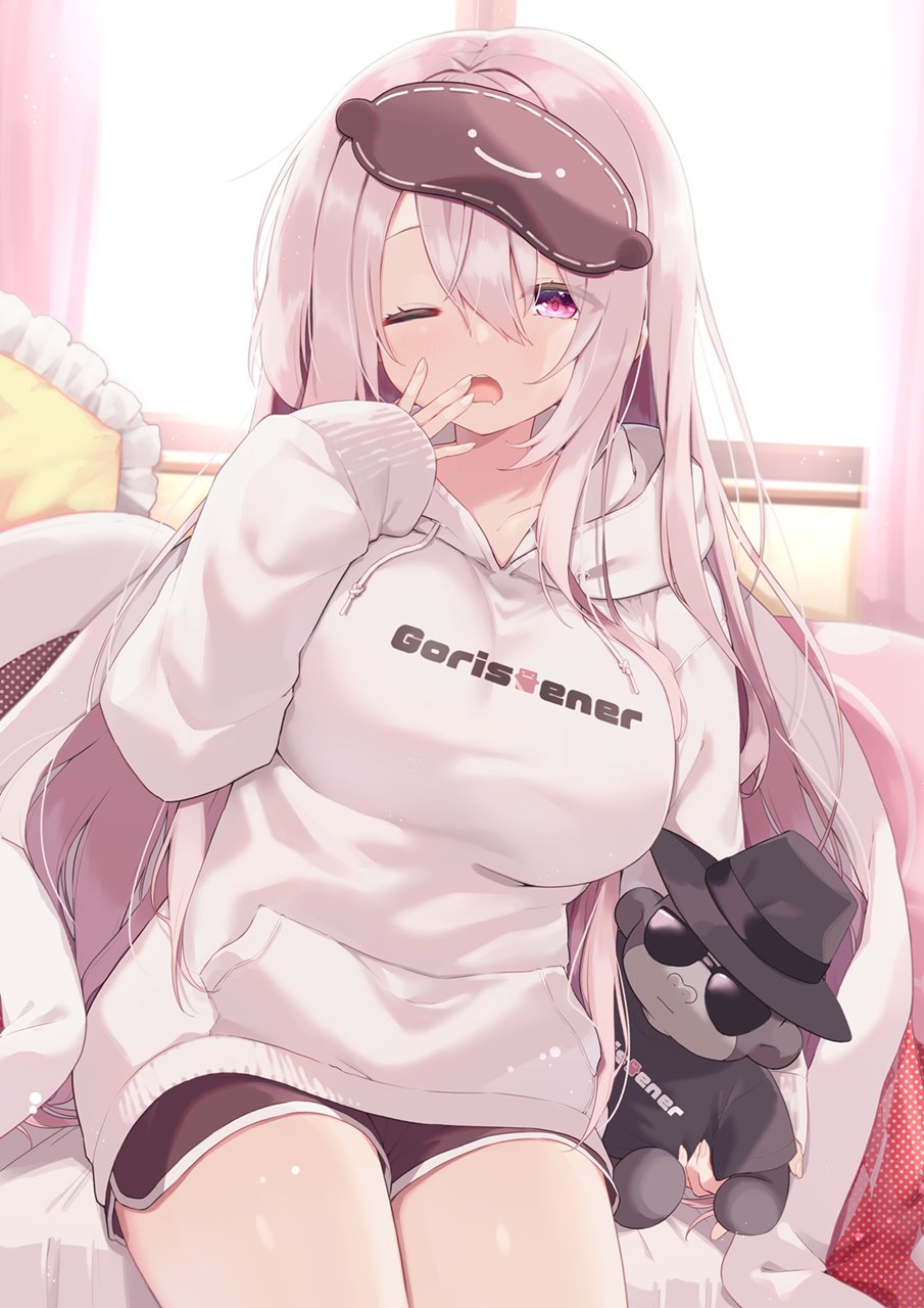 highres, hood, hoodie, ksk_(semicha_keisuke), shiina_yuika, sleepy