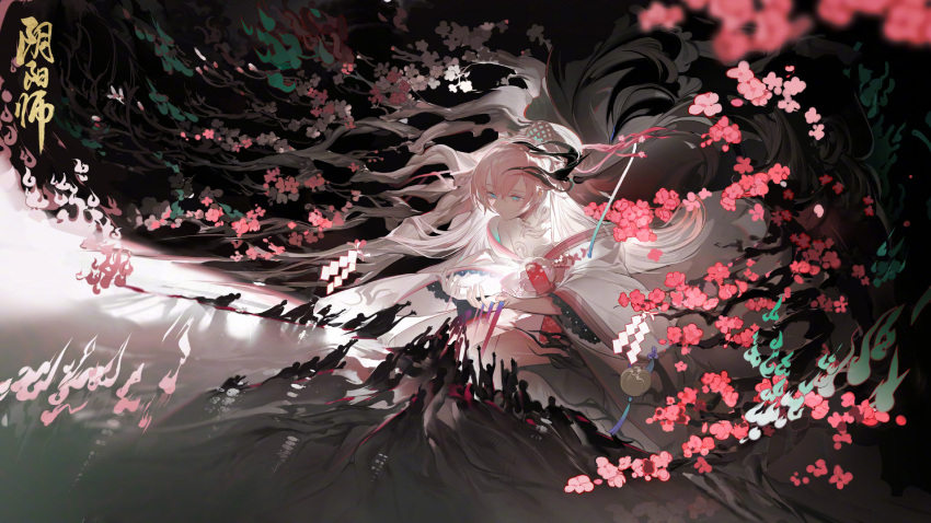 1girl, cherry_blossoms, closed_mouth, green_eyes, highres, japanese_clothes, long_hair, multicolored_hair