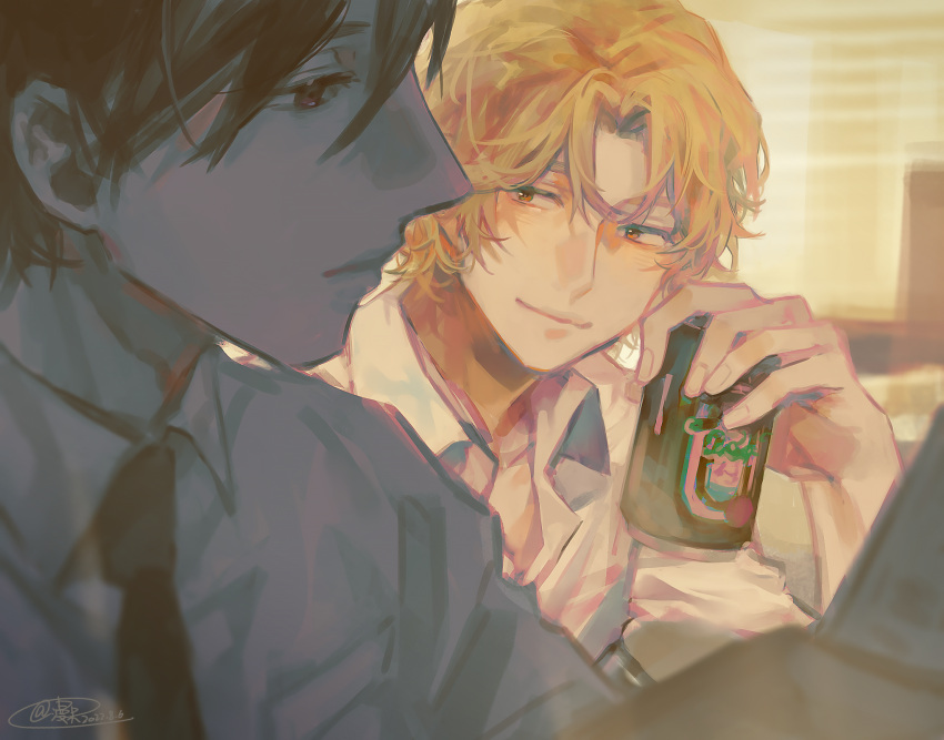 2boys, black_hair, black_necktie, can, fish191101756, hair_between_eyes, highres, indoors