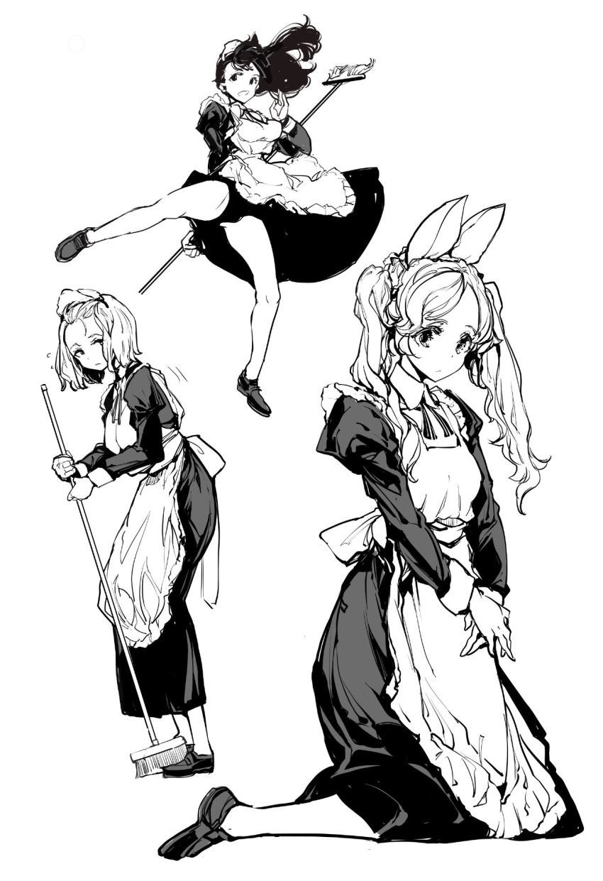 3girls, :o, animal_ears, apron, black_hair, broom, endou_okito, greyscale