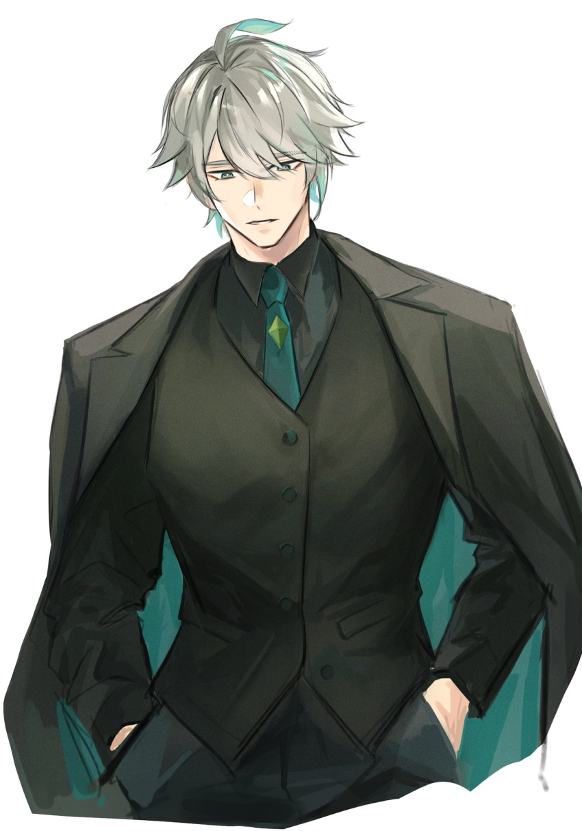 1boy, ahoge, alhaitham_(genshin_impact), alternate_costume, bangs, black_pants, black_shirt, black_vest, blue_eyes, blue_hair, blue_jacket, blue_necktie, buttons, closed_mouth, collared_jacket, collared_shirt, crystal, formal, genshin_impact, grey_hair, hair_between_eyes, hands_in_pockets, highres, jacket, jewelry, long_sleeves, looking_down, male_focus, multicolored_clothes, multicolored_hair, multicolored_jacket, necktie, open_clothes, open_jacket, pants, pocket, shirt, short_hair, simple_background, solo, sora2396, standing, suit, teeth, two-tone_hair, two-tone_jacket, vest, white_background