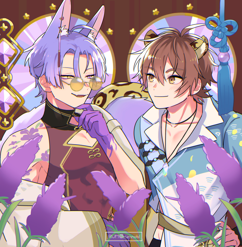 2boys, animal_ears, brown_eyes, brown_hair, eiden_(nu_carnival), fingernails, flower, flower_tattoo
