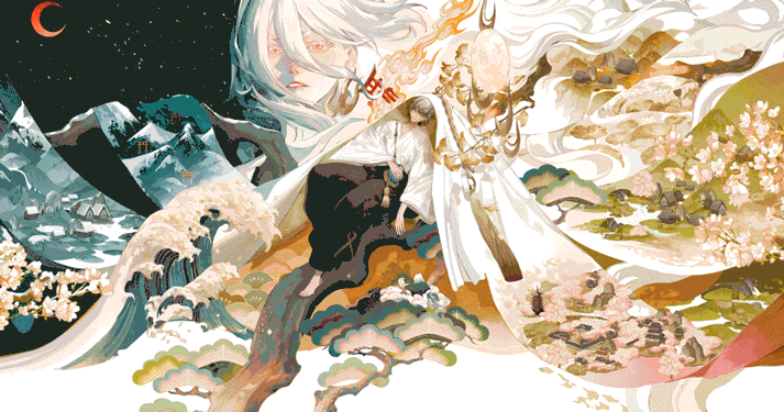 1boy, animated, animated_gif, fukengaku_(onmyoji), hair_between_eyes, japanese_clothes, kimono, long_sleeves, looking_at_viewer, male_focus, official_art, short_hair, solo, uchikake, upper_body, wide_sleeves