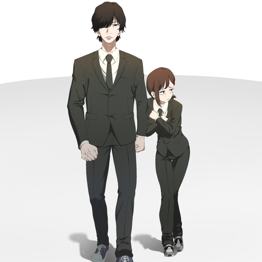 1boy, 1girl, black_hair, black_jacket, black_necktie, black_pants, brown_hair, chainsaw_man