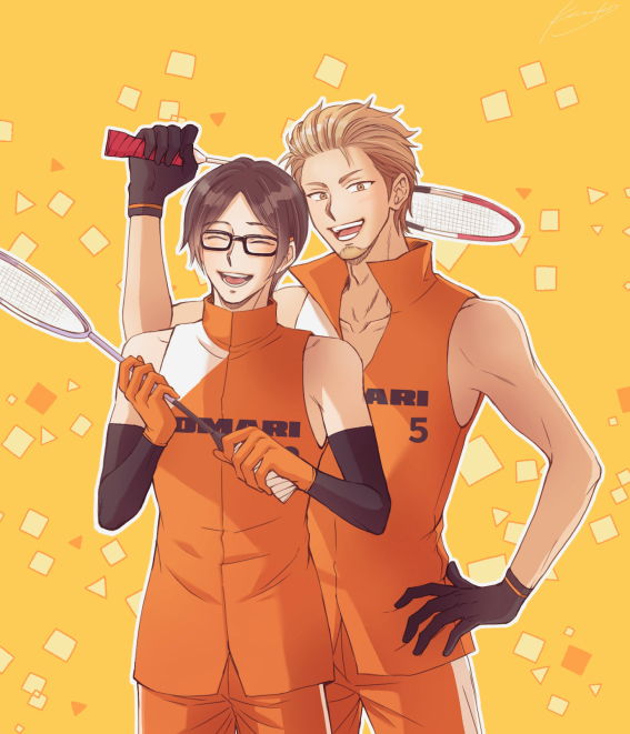 2boys, arm_warmers, badminton_racket, black_gloves, blonde_hair, closed_eyes, facial_hair, glasses, gloves, goatee, hand_on_hip, kazuki_sara, male_focus, multiple_boys, orange_gloves, orange_shirt, orange_shorts, racket, ryman's_club, shirt, short_hair, shorts, sleeveless, sportswear, standing, tachibana_azuma, tonozaki_shiryuu, yellow_background, yellow_eyes
