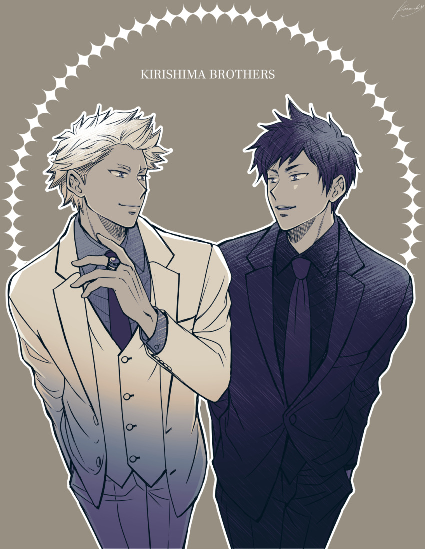 2boys, black_hair, black_pants, black_shirt, black_suit, brothers, character_name, dark-skinned_male, dark_skin, eye_contact, formal, grey_background, hand_up, hands_in_pockets, highres, jewelry, kazuki_sara, kirishima_hayato, kirishima_takuma, looking_at_another, male_focus, multiple_boys, pants, ring, ryman's_club, shirt, short_hair, siblings, standing, suit, vest, white_hair, white_pants, white_suit, white_vest