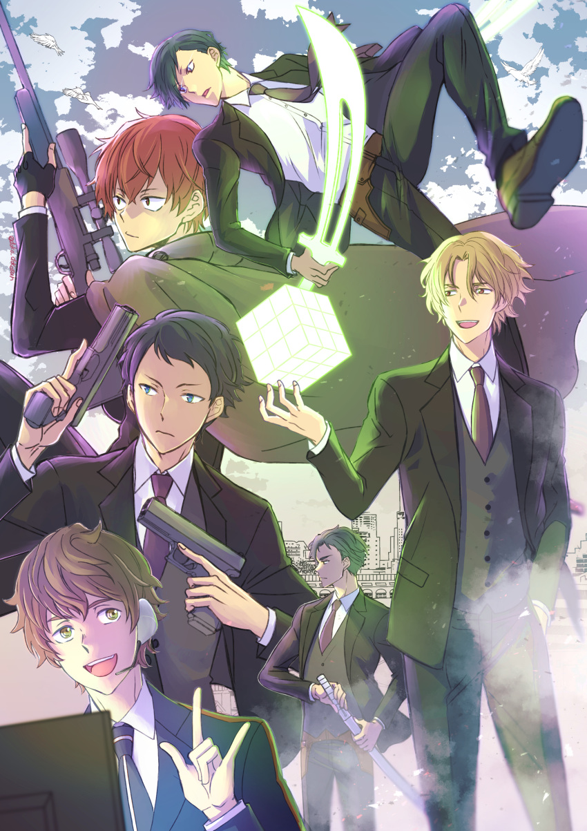 6+boys, \m/, absurdres, artist_name, bird, black_footwear, black_hair, black_pants