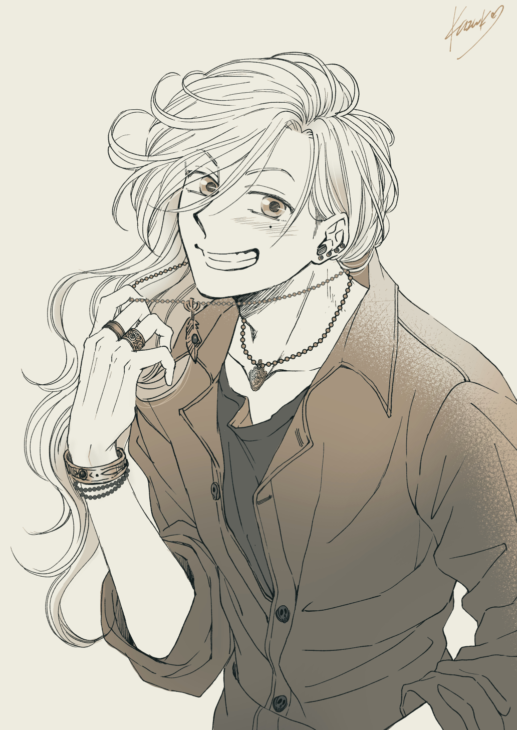 1boy, band_yarouze!, bead_bracelet, beads, black_shirt, blush, bracelet, brown_coat, brown_theme, buttons, coat, ear_piercing, grin, hair_between_eyes, highres, jewelry, kazuki_sara, long_hair, looking_at_viewer, mole, mole_under_eye, monochrome, necklace, piercing, ray_cephart, ring, shirt, smile, solo