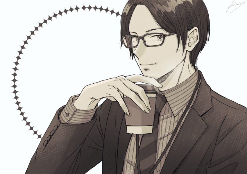 1boy, black-framed_eyewear, black_hair, black_necktie, black_suit, cup, disposable_cup, formal, glasses, holding, holding_cup, kazuki_sara, lanyard, looking_at_viewer, male_focus, necktie, ryman's_club, solo, striped_necktie, suit, tachibana_azuma, upper_body, white_background