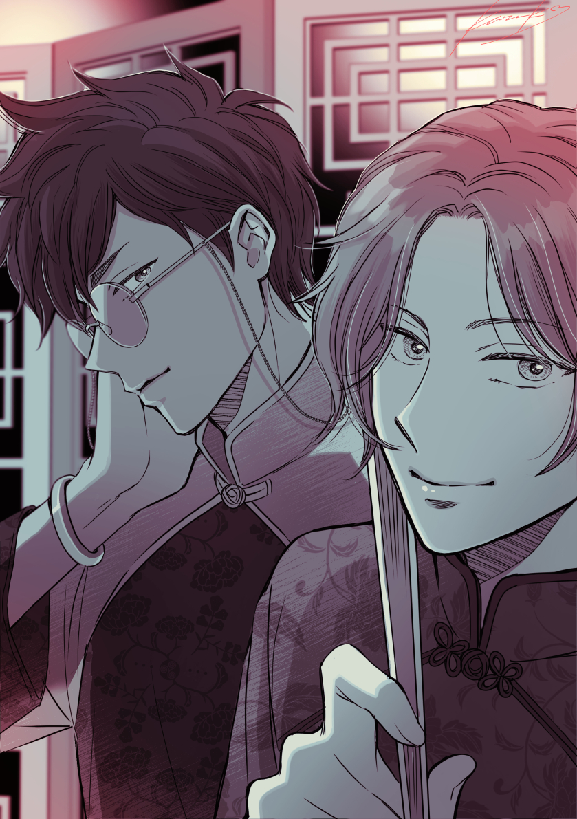 2boys, character_request, check_character, folding_fan, glasses, hand_fan, hand_on_own_cheek, hand_on_own_face