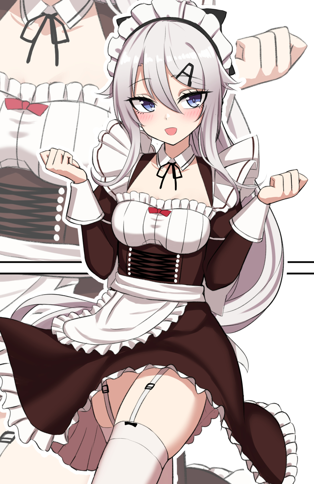 1girl, 9a-91_(bullets_cafe)_(girls'_frontline), 9a-91_(girls'_frontline), apron, blue_eyes, detached_collar, dress, frilled_dress, frilled_skirt, frills, garter_straps, girls_frontline, grey_hair, hair_ornament, hairclip, hands_up, highres, juliet_sleeves, long_hair, long_sleeves, maid, maid_headdress, official_alternate_costume, puffy_sleeves, skirt, waist_apron, yakob_labo
