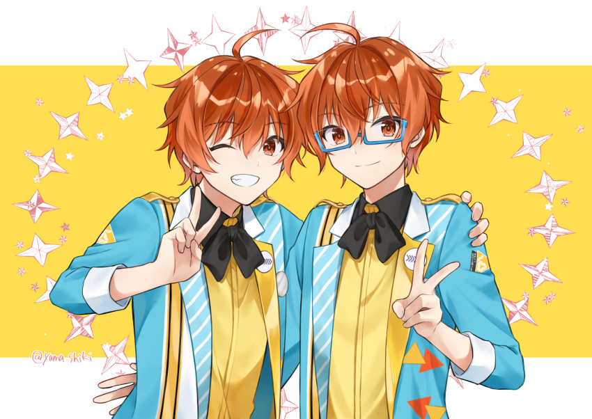 2boys, ahoge, aoi_kyosuke, aoi_yusuke, blue-framed_eyewear, brothers, fingernails, glasses