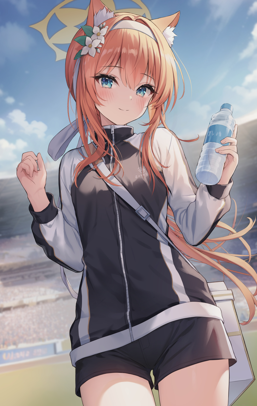 1girl, animal_ear_fluff, animal_ears, bag, blue_archive, blue_eyes, blush, bottle